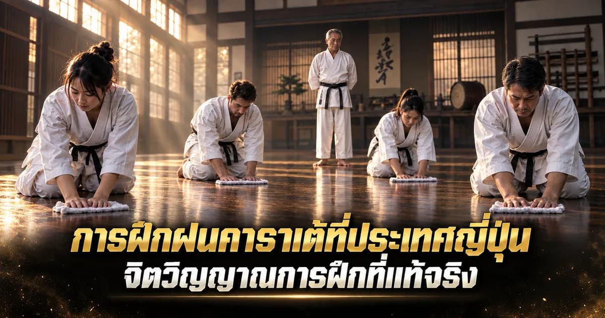 Four karate practitioners in gi kneeling to wipe the wooden dojo floor with cloths, an instructor standing behind them