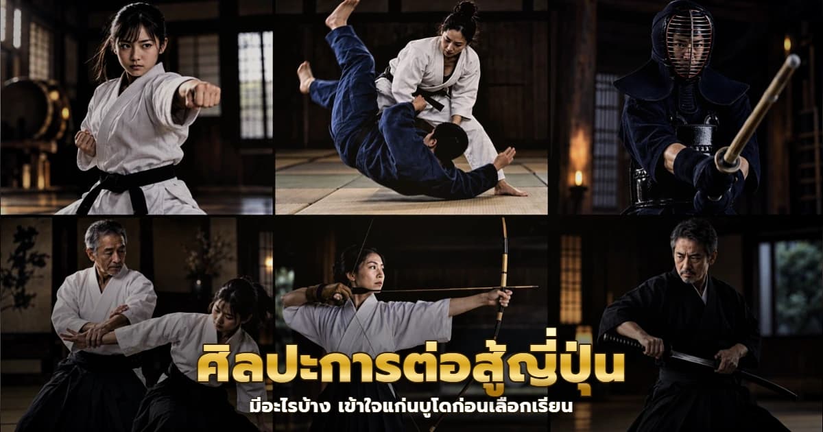 ภาพรวมศิลปะการต่อสู้ญี่ปุ่นหกแขนง ได้แก่ คาราเต้ ยูโด เคนโด ไอคิโด คิวโด และการฝึกดาบ