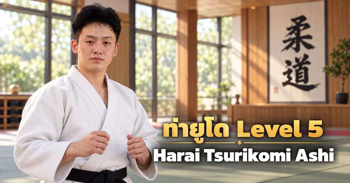 Editorial illustration of an IMAC Dojo judo instructor in a modern dojo for Harai Tsurikomi Ashi, Level 5