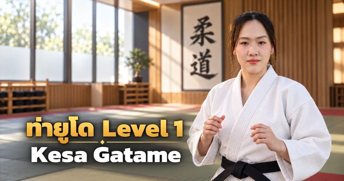 Editorial illustration of an IMAC Dojo judo instructor in a modern dojo for Kesa Gatame, Level 1