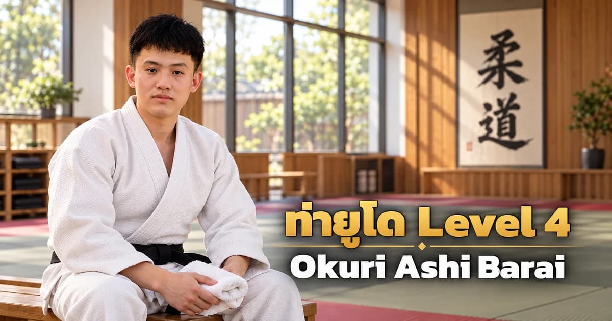 Editorial illustration of an IMAC Dojo judo instructor in a modern dojo for Okuri Ashi Barai, Level 4