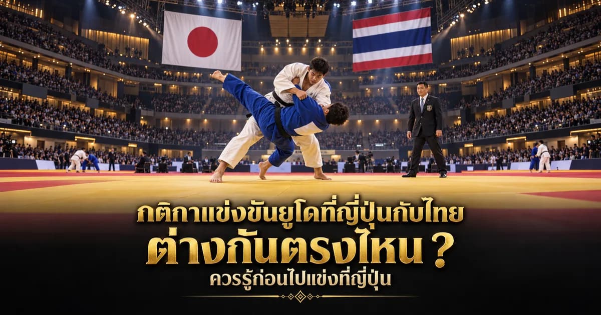 試合で相手を投げる柔道選手。背後に日本国旗とタイ国旗が掲げられている