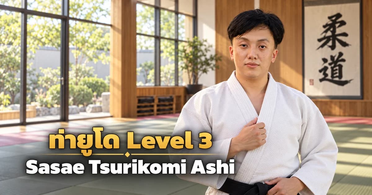 Editorial illustration of an IMAC Dojo judo instructor in a modern dojo for Sasae Tsurikomi Ashi, Level 3