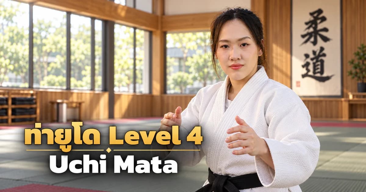 Editorial illustration of an IMAC Dojo judo instructor in a modern dojo for Uchi Mata, Level 4