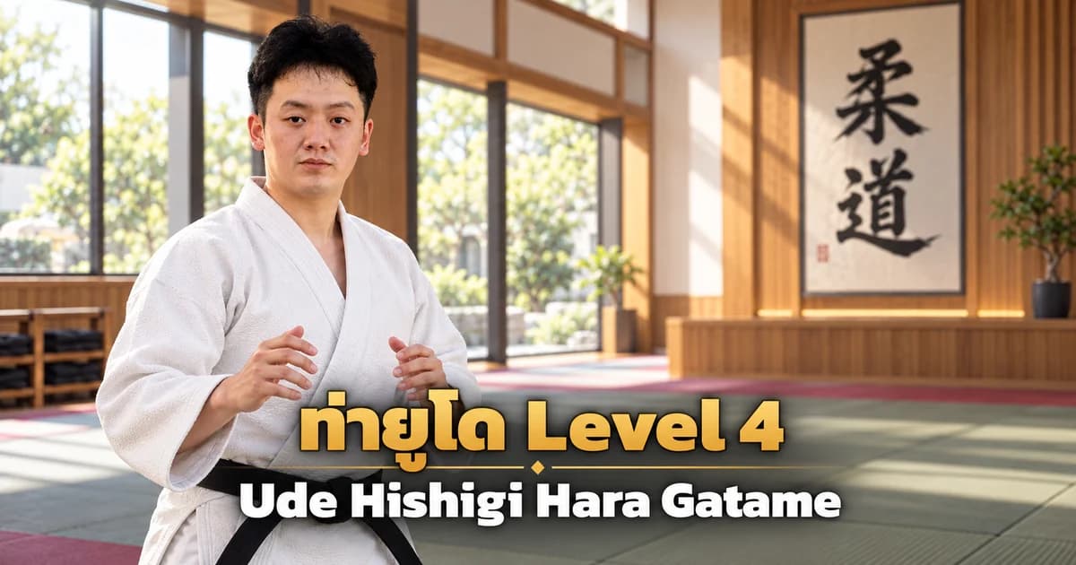Editorial illustration of an IMAC Dojo judo instructor in a modern dojo for Ude Hishigi Hara Gatame, Level 4