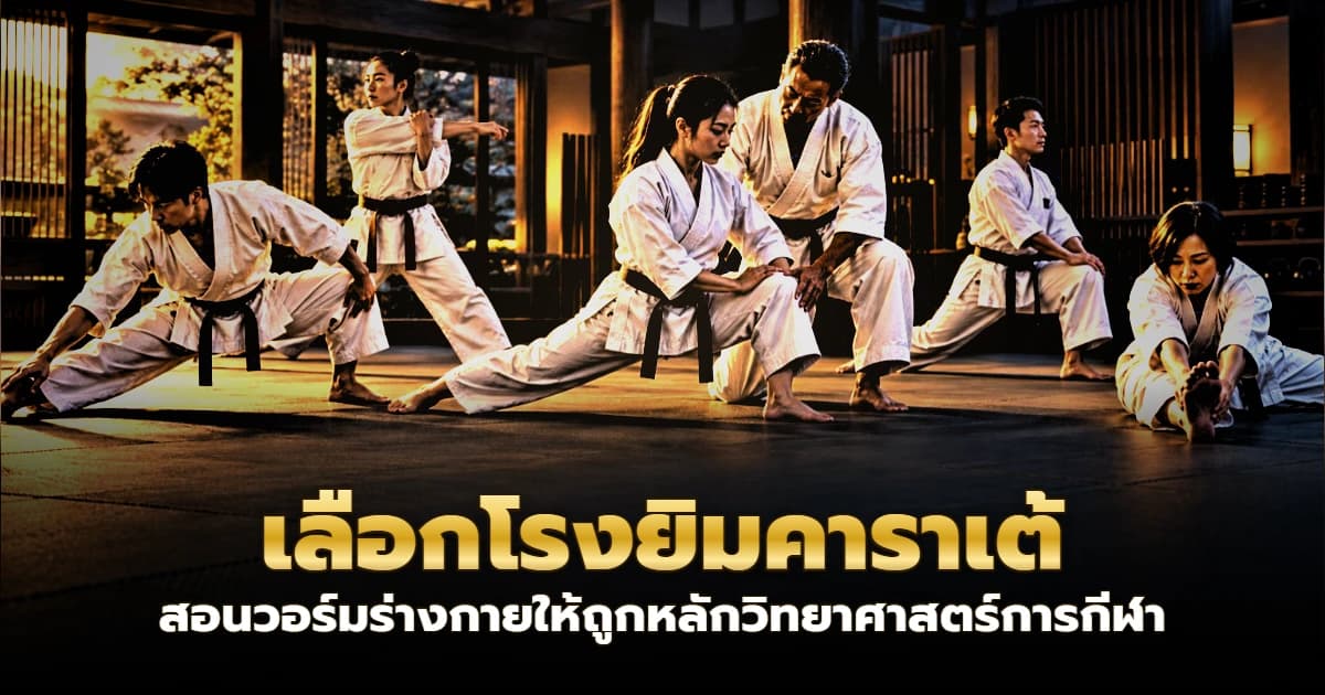 Karate students stretching legs and hips before training