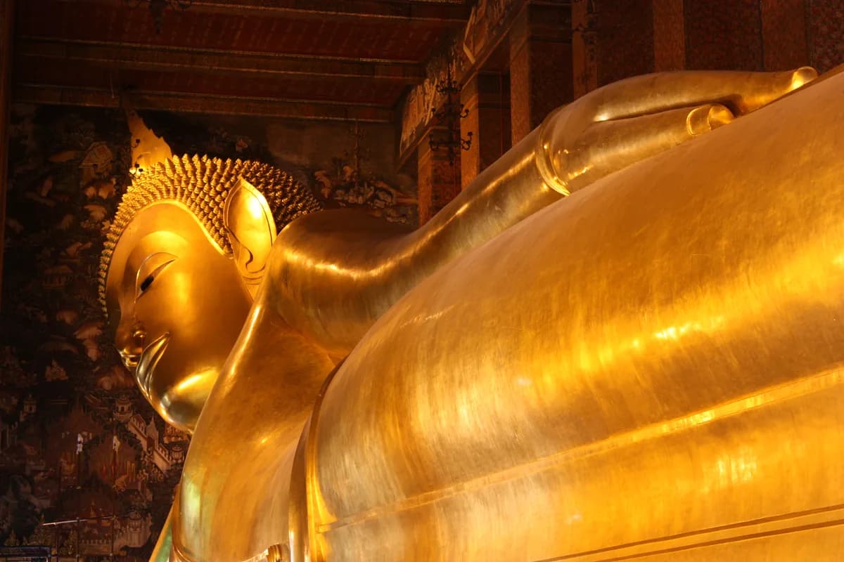 A close view of the golden Reclining Buddha at Wat Pho, Bangkok