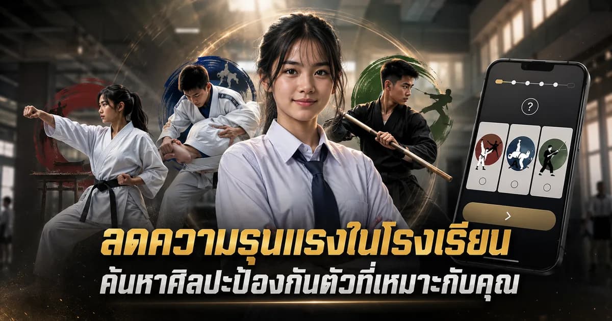 นักเรียนหญิงในชุดนักเรียนไทย ล้อมด้วยผู้ฝึกคาราเต้ ยูโด และหวิงชุน พร้อมโทรศัพท์ที่แสดงแบบประเมิน และข้อความ ลดความรุนแรงในโรงเรียน ค้นหาศิลปะป้องกันตัวที่เหมาะกับคุณ