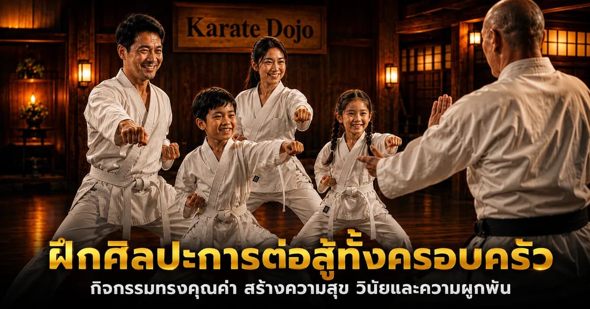 พ่อแม่และลูกฝึกศิลปะการต่อสู้บนเบาะร่วมกัน
