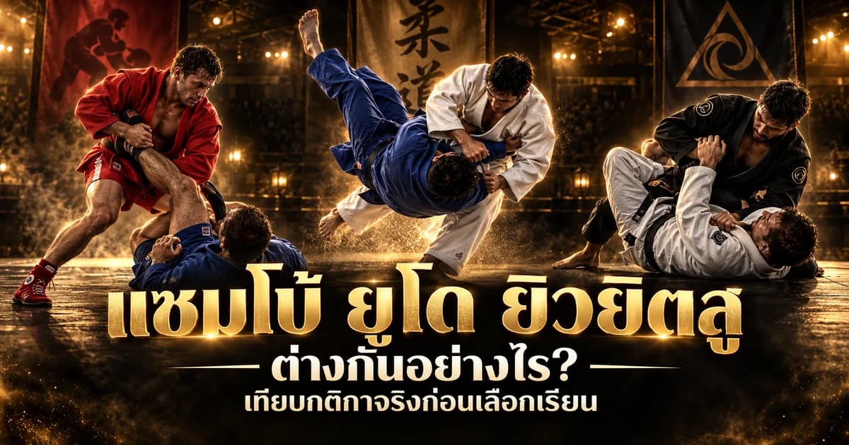 Three pairs side by side — a sambist in a red jacket attacking a leg, a judoka throwing an opponent through the air, and a jujitsu pair fighting on the ground — under a Thai headline asking how sambo, judo and jujitsu differ