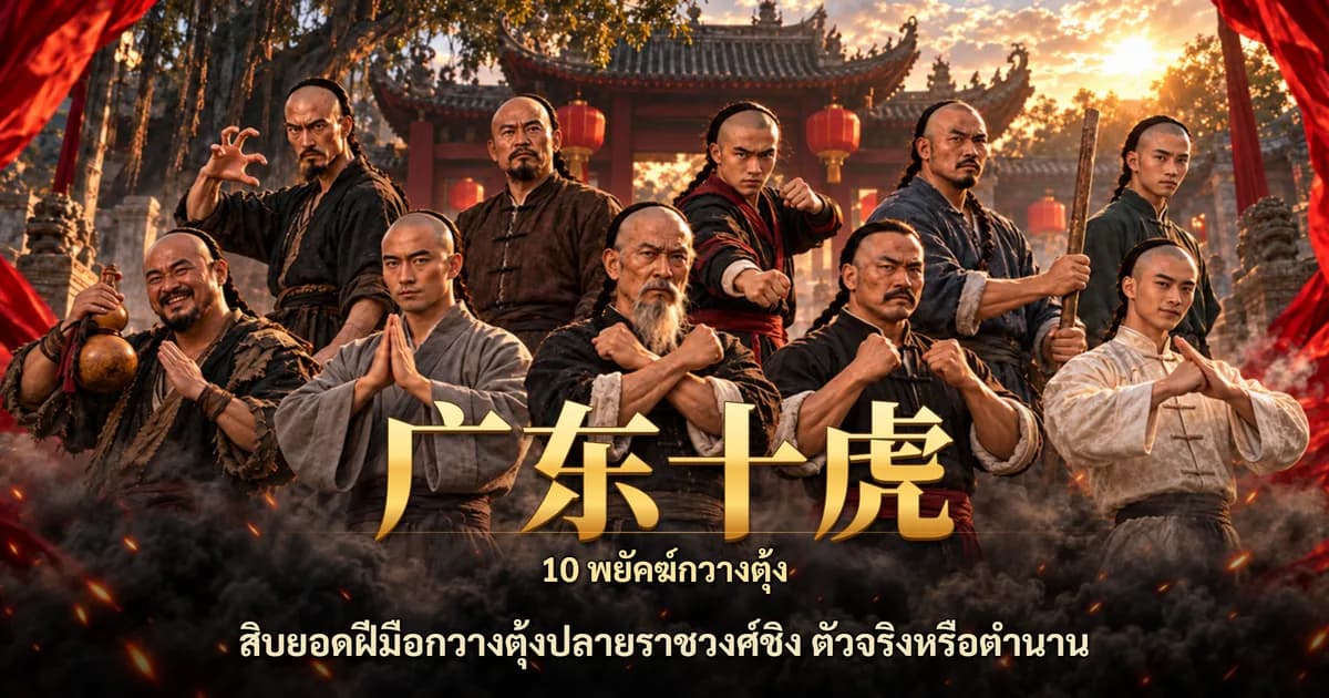 AI 生成的示意图:十位清末装束的武师在祠堂前合影,上方写有“广东十虎”