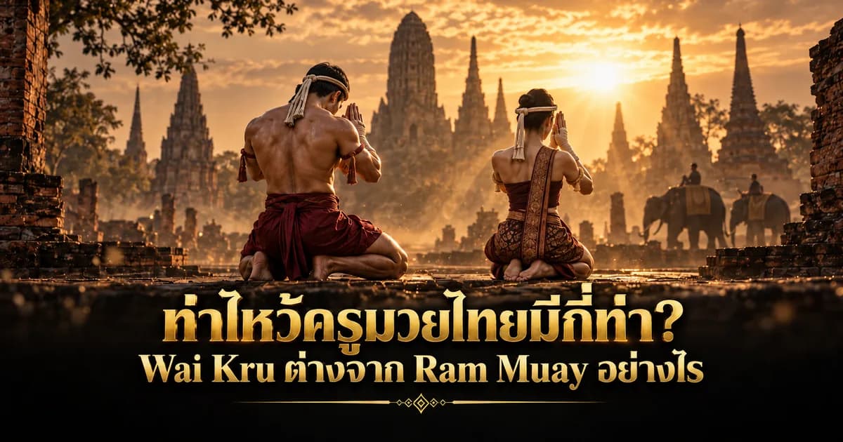 A man and a woman kneeling in the wai kru salute with palms together, wearing Mongkhon headbands and Pra Jiad armbands, seen from behind against ancient temple prangs at sunrise, with elephants to the right.