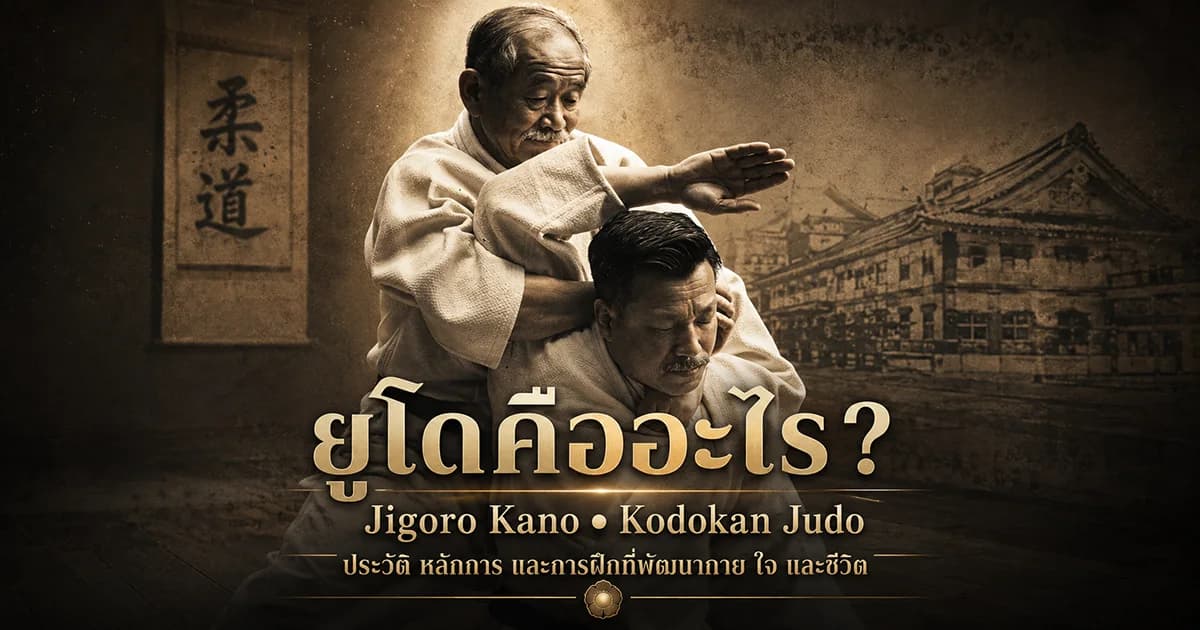 ภาพประกอบบทความยูโดคืออะไร แสดงบรรยากาศ Jigoro Kano และ Kodokan Judo ในเชิงศิลปวัฒนธรรม ไม่ใช่ภาพถ่ายประวัติศาสตร์จริง