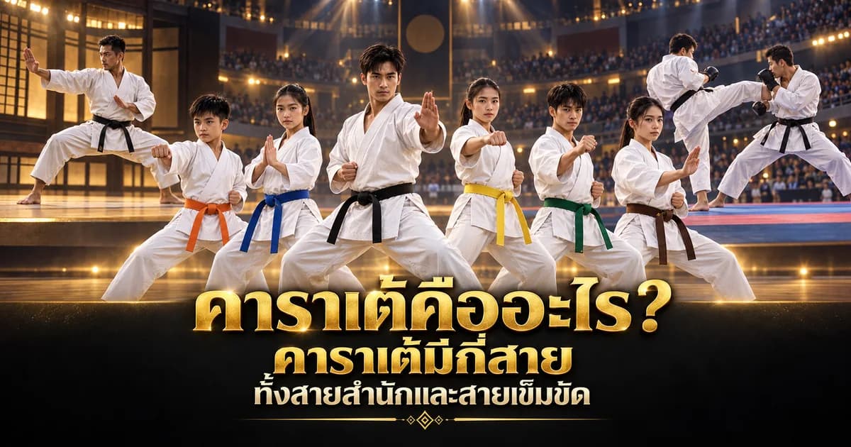 A row of karateka in white gi wearing belts of different colours — orange, blue, yellow, green, brown and black — standing in stance, with a sparring pair in gloves at the right.
