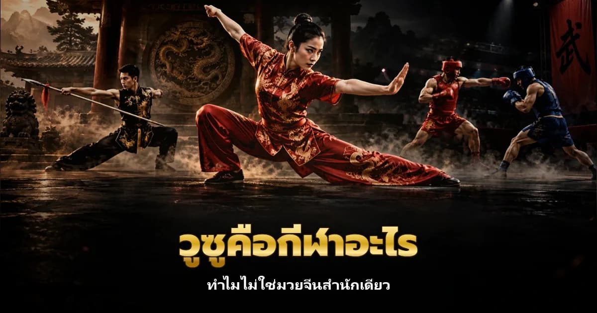 身穿红色中式服装的女运动员做低弓步动作,左侧有持枪运动员,右侧两名戴拳套和护头的散打运动员正在对打,配有泰文标题