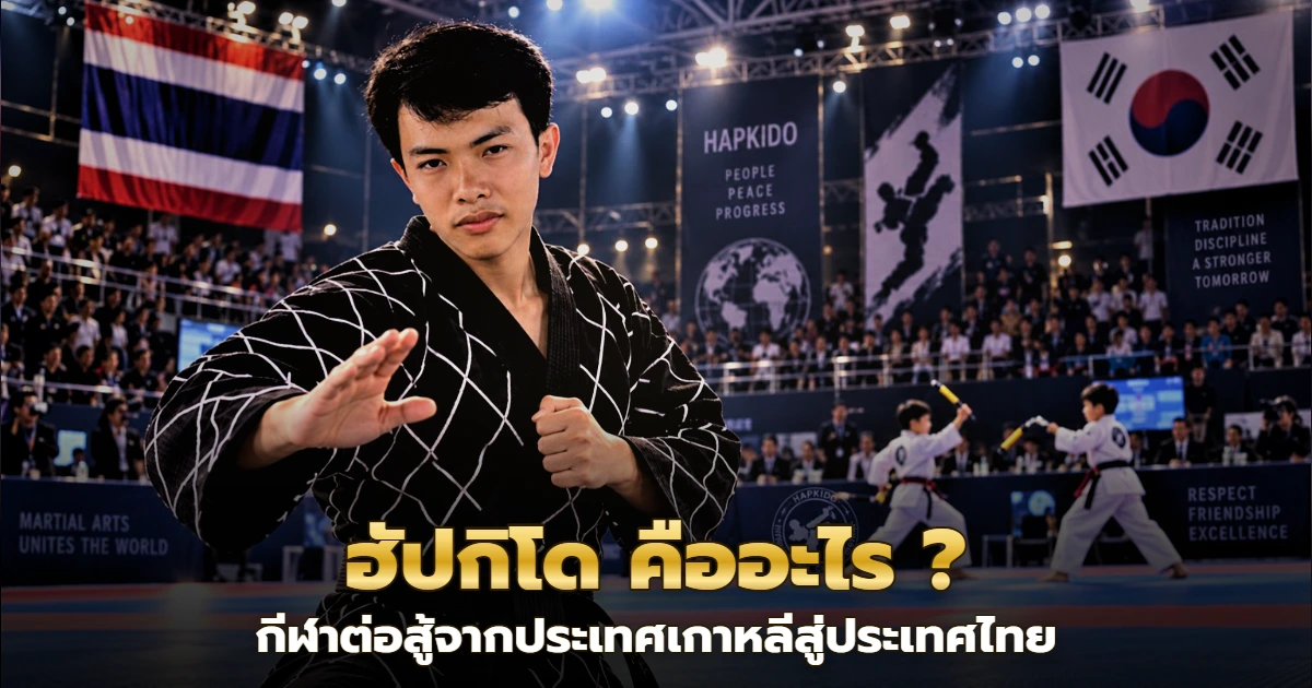 ภาพประกอบผู้ฝึกฮับกิโดในชุดโดบกสีดำตั้งท่าต่อสู้ ด้านหลังมีเด็กสองคนฝึกกระบองสองท่อนในสนามแข่งที่ประดับธงไทยและธงเกาหลีใต้