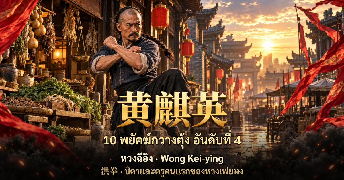 AI 生成的示意图:清末武师在草药店前摆出拳架,上方写有“黄麒英”及“广东十虎第四位”的泰文字样