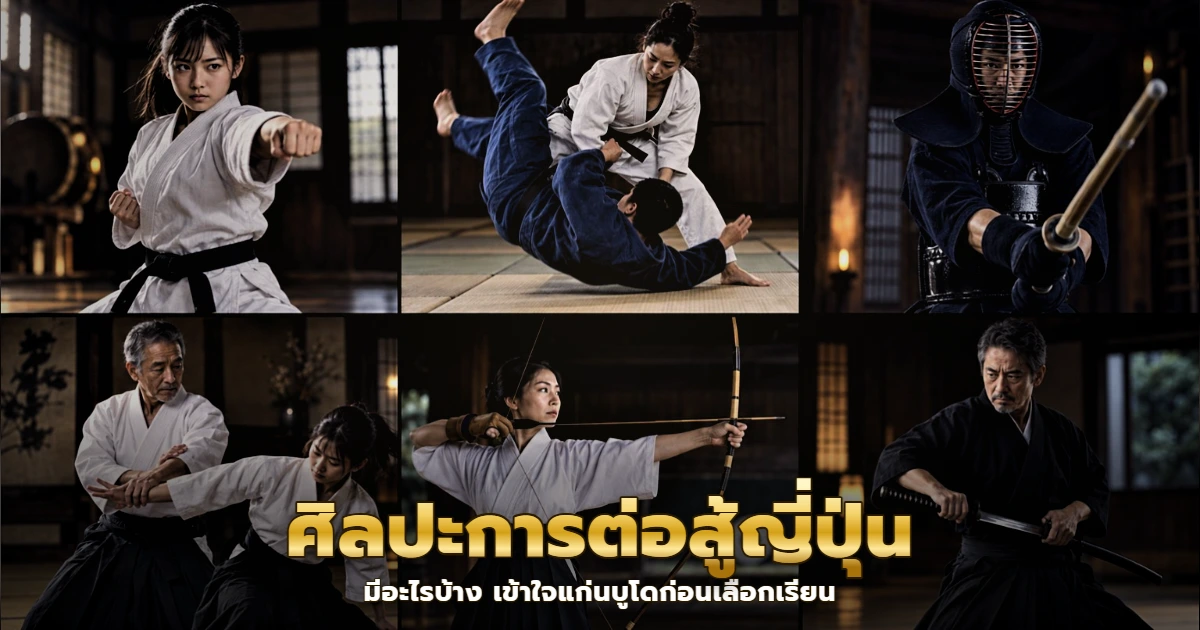 ภาพรวมศิลปะการต่อสู้ญี่ปุ่นหกแขนง ได้แก่ คาราเต้ ยูโด เคนโด ไอคิโด คิวโด และการฝึกดาบ