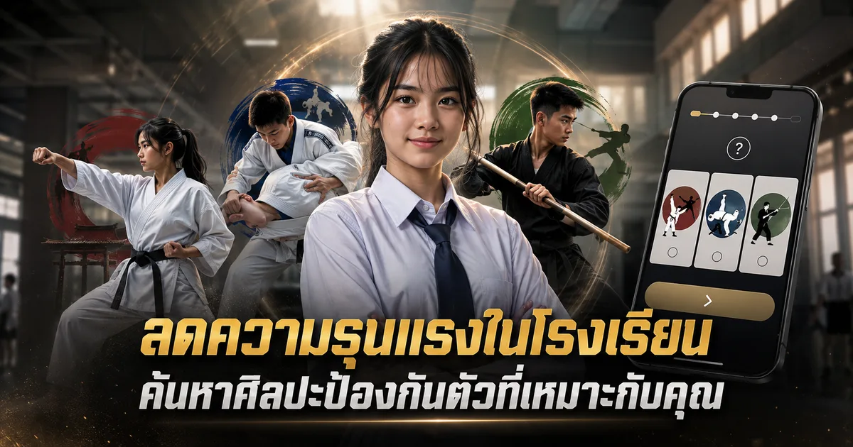 นักเรียนหญิงในชุดนักเรียนไทย ล้อมด้วยผู้ฝึกคาราเต้ ยูโด และหวิงชุน พร้อมโทรศัพท์ที่แสดงแบบประเมิน และข้อความ ลดความรุนแรงในโรงเรียน ค้นหาศิลปะป้องกันตัวที่เหมาะกับคุณ