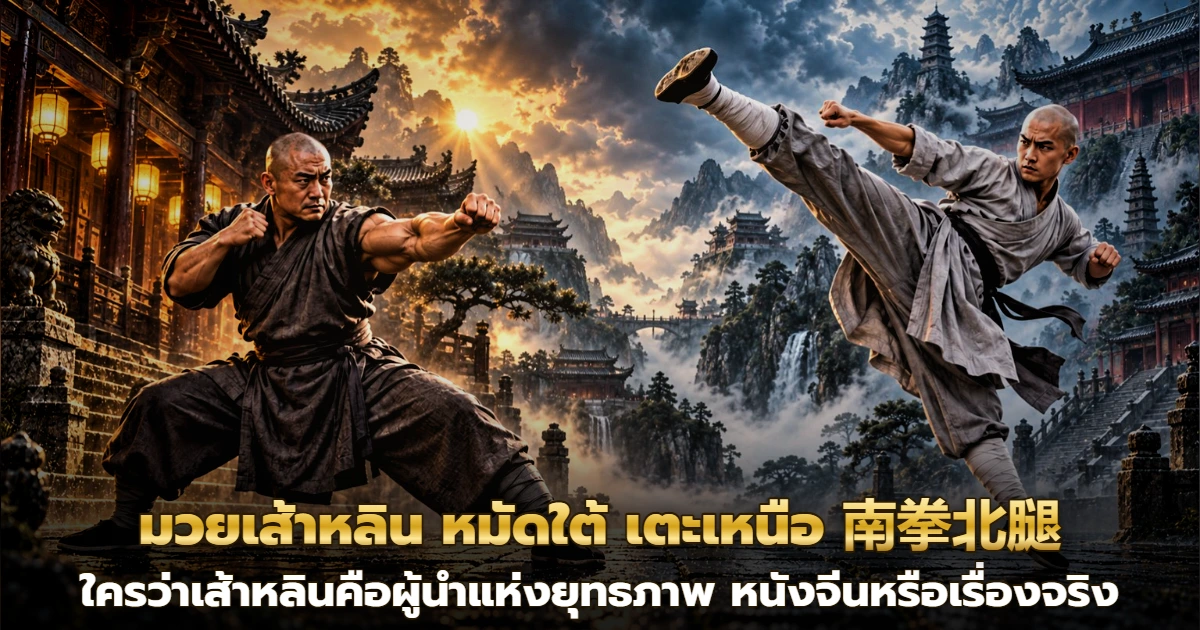 ท่าฝึกมวยเส้าหลินแสดงหมัดใต้และเตะเหนือ