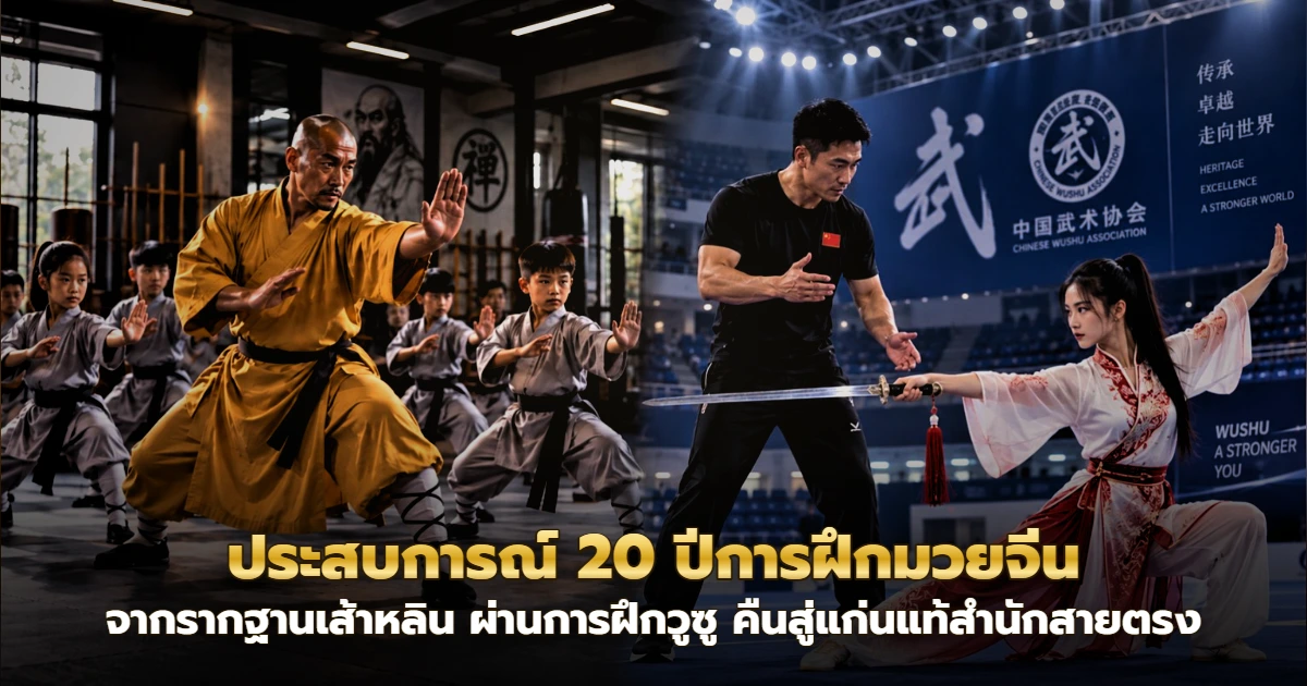 ภาพประกอบชื่อบทความ ประสบการณ์ 20 ปีการฝึกมวยจีน ฝั่งซ้ายอาจารย์ชุดเส้าหลินสอนเด็ก ฝั่งขวาโค้ชวูซูแก้ท่าดาบให้นักกีฬาหญิง