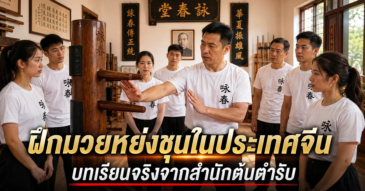 ครูและศิษย์ฝึกมวยหย่งชุนกับหุ่นไม้ในโดโจ